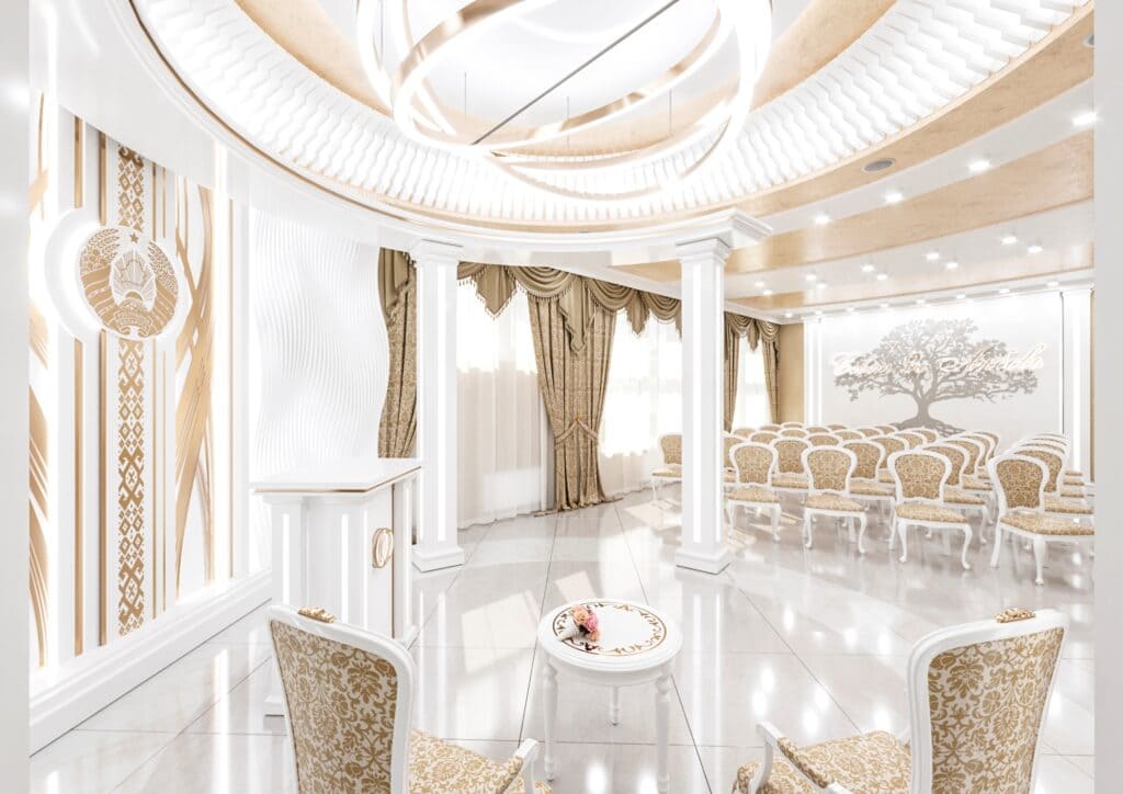 Дизайн проект ЗАГСа. ЗАГС, г.Островец. Зал бракосочетаний. Вид 1